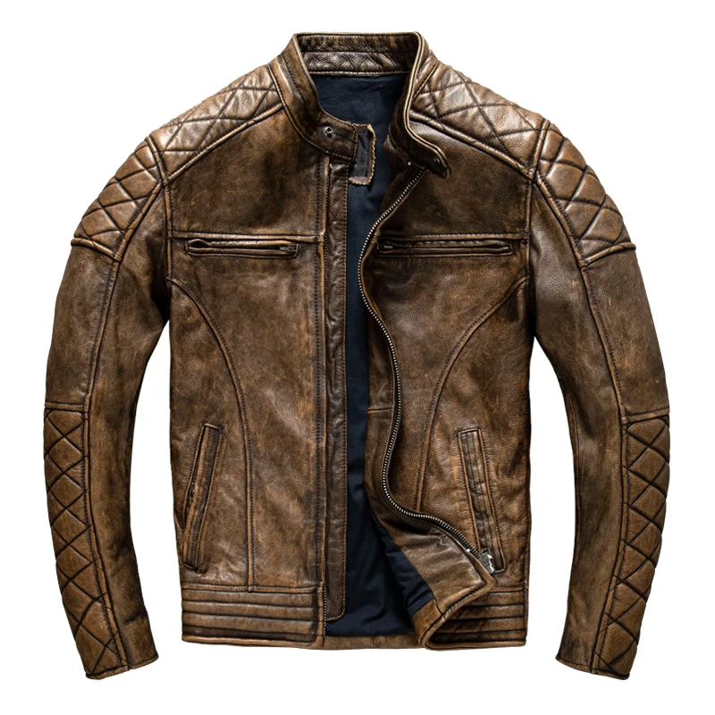 Riding Jacket Leather - Męska kurtka skórzana vintage, żółto-brązowa, gruba,